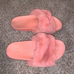 Furry Pink Slides For Women